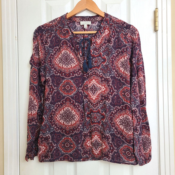 Lucky Brand Long Sleeve Tassel Neck Top Elastic Waist Pleated Shoulders Size M - Picture 1 of 11